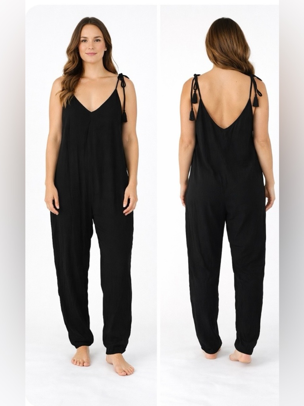 Derek Heart Black Tassel Strap Jumpsuit – Size M – Boho Relaxed Fit